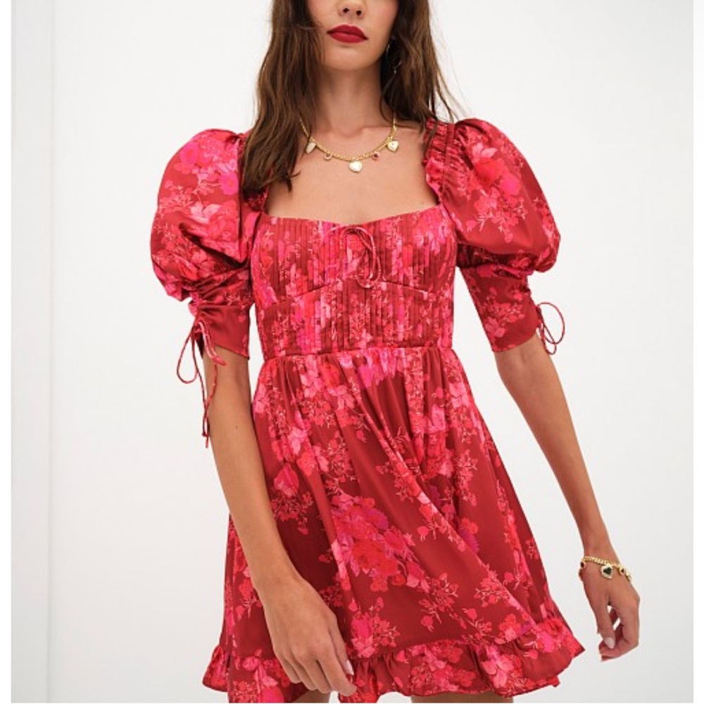 NWT 🍋 For Love And Lemons Alia Red Smocked Puff Sleeve Mini. Flirty Lace up back